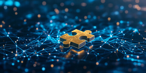 Glowing golden puzzle piece surrounded by luminous connections in a futuristic digital landscape
