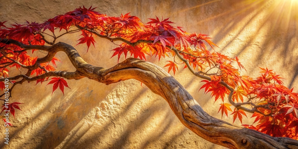 Poster a gnarled branch of a japanese maple tree with fiery red leaves reaching towards the sunlight, casti