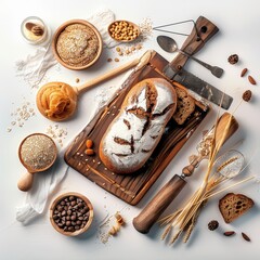 Fresh Artisan Bread Surrounded by Nuts Grains and Natural Ingredients