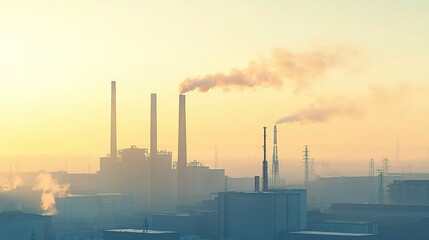Fototapeta premium Factories with Chimneys and Silos Under Clear Sky at Dusk