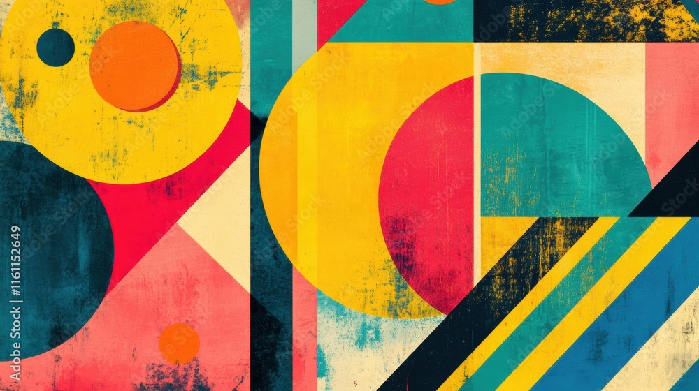 Poster vibrant abstract retro risograph design featuring circular shapes and bold colors for creative backg