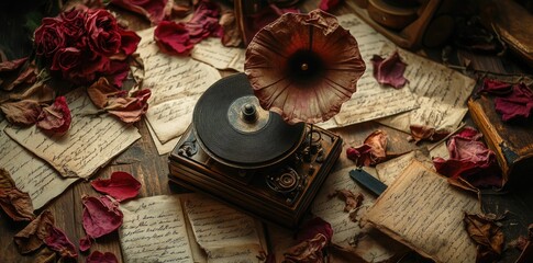 Antique gramophone with dried roses and old letters