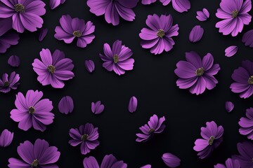 Fototapeta premium Purple flowers scattered on a dark background. A beautiful floral arrangement.