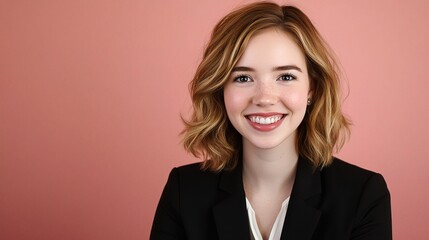 Smiling Young Businesswoman Portrait on Soft Pink Background