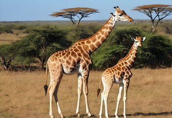 Obraz premium Family Rothschild's giraffe (camelopardalis camelopardalis) walking in a savanna nature. Animals in wildlife and freedom. Giraffe in the wild