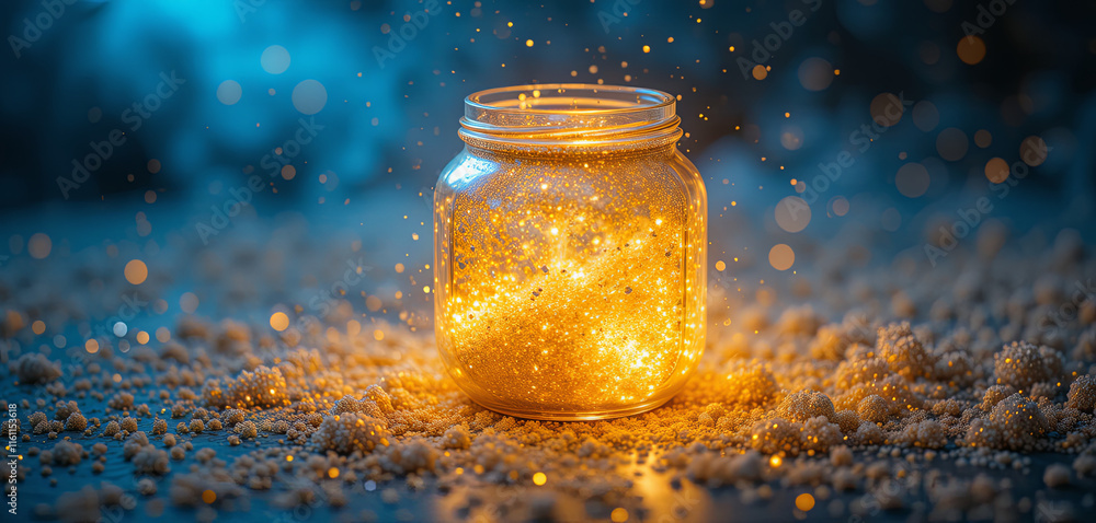 Poster a jar filled with shimmering golden sparkles emits a warm glow in a dark setting. soft particles flo