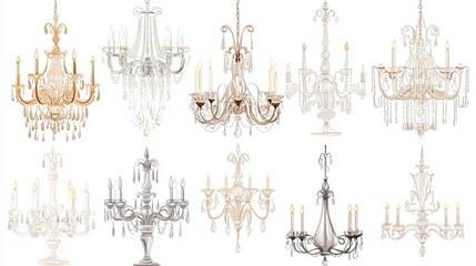 Set of Beautiful Classic Chandeliers in Cartoon Style – Vintage Designs with Crystals and Candles