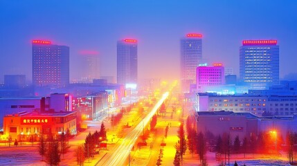 Obraz premium Night cityscape with illuminated skyscrapers and traffic trails on a wide avenue.