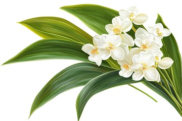 Fototapeta premium Elegant white orchids with lush green leaves. Perfect for adding a touch of nature to your designs.