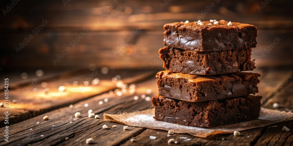 Poster a stack of chocolate brownies with a hint of white sprinkles, resting on rustic wooden planks, creat