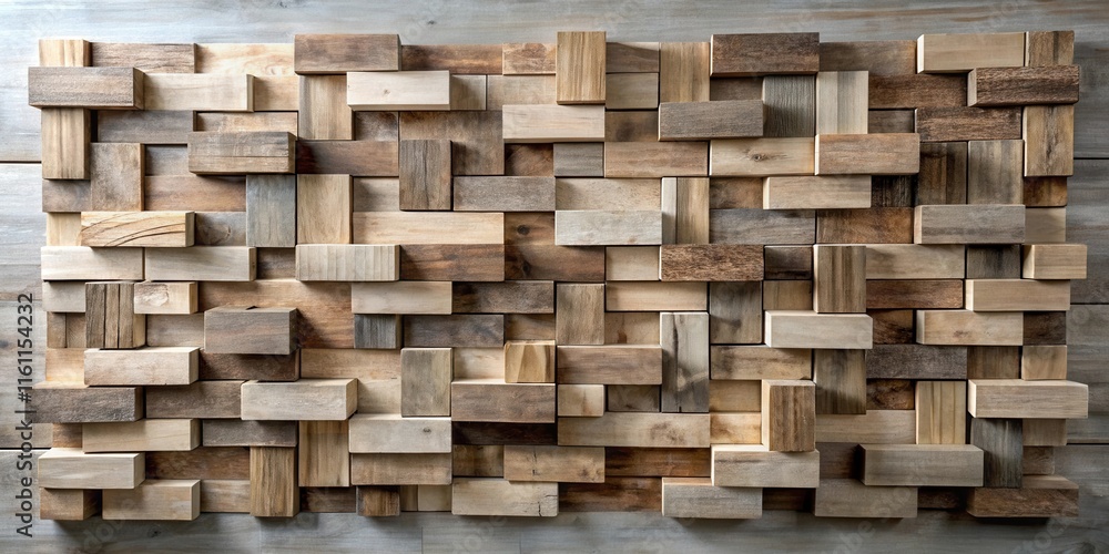 Fototapete a geometric pattern of natural wood blocks, showcasing a variety of textures and grain patterns, cre