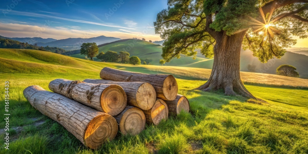 Poster sunlight spills through the branches of a majestic tree, casting a golden glow over a lush meadow, w