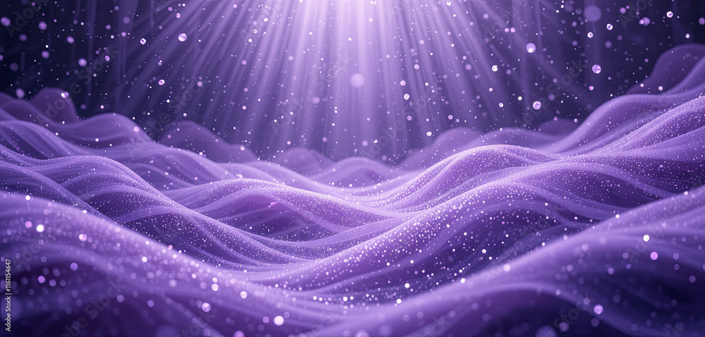 Poster waves of purple sparkle under soft light, creating an ethereal atmosphere. tiny particles float in t