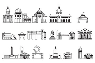 a line art illustration in black and white that shows a number of buildings stacked in two rows on a stark white background.