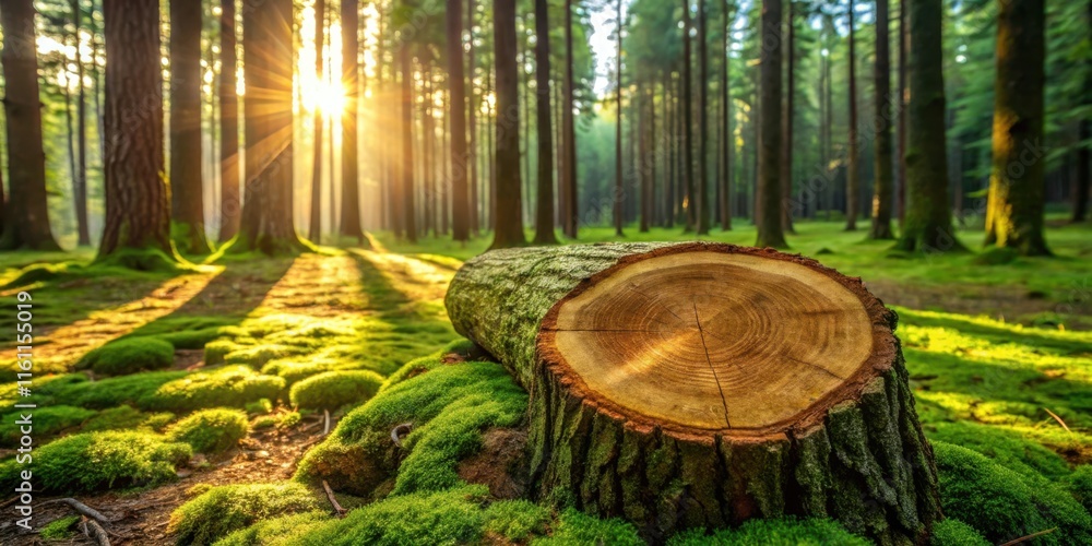 Poster Sunlight filters through the tall trees of a dense forest, illuminating a fallen log covered in moss, revealing the intricate rings of its cross-section.