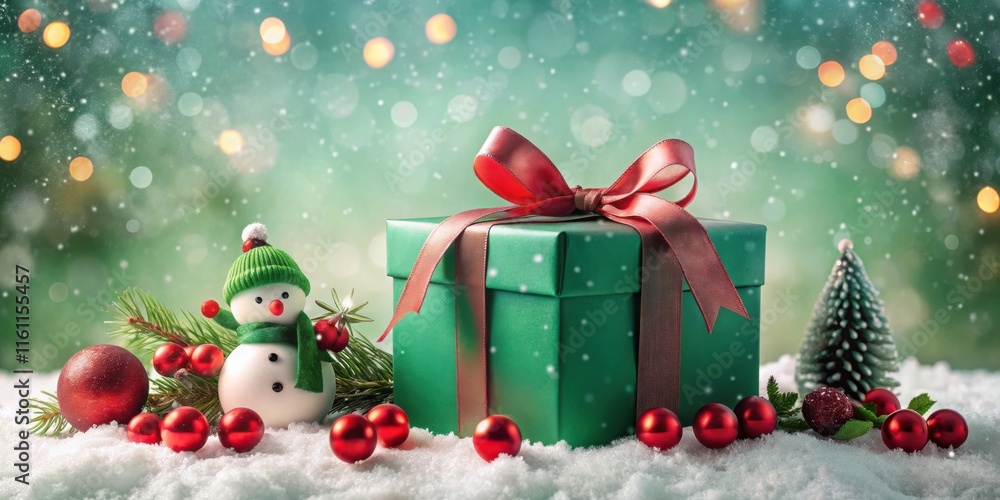 Poster a festive green gift box with a red ribbon and a cheerful snowman on a snowy background