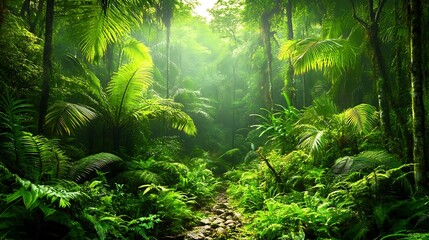 Fototapeta premium Tropical rain forest with sun rays and green ferns.