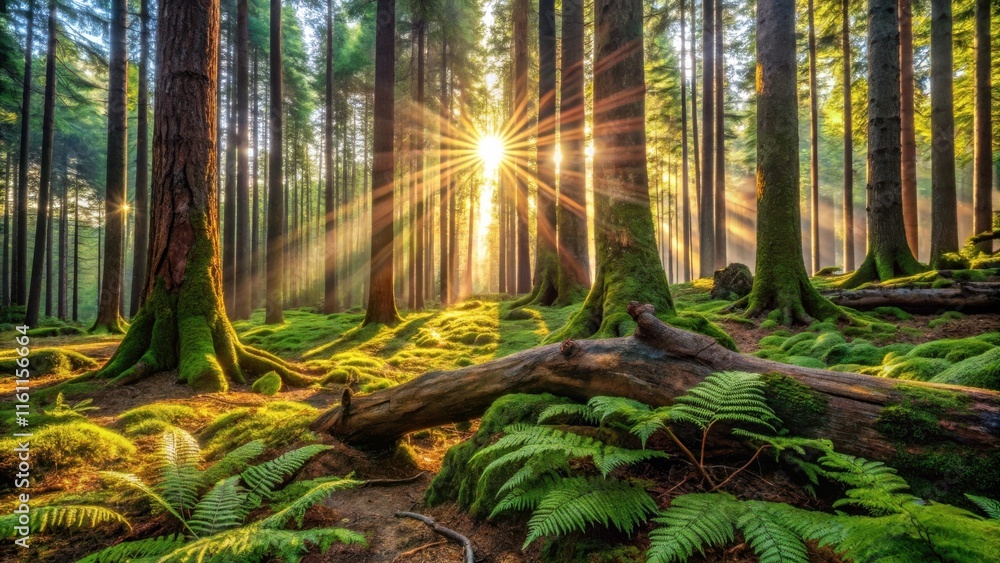 Poster sunbeams illuminate a mossy forest floor, illuminating ferns and a fallen log, creating a tranquil a