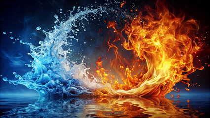 Water and fire collide in a dramatic display, showcasing vibrant blue and orange hues, emphasizing the power and beauty of elemental forces in a captivating interplay