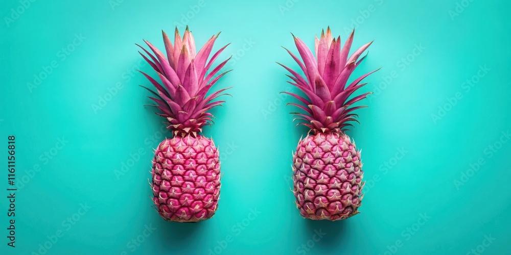 Poster two pink pineapples set against a teal backdrop, a tropical delight in a vibrant color scheme.