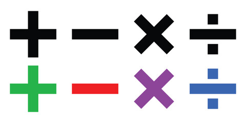 Obraz premium Basic mathematical symbol. Plus, minus, multiply, divide icon set. Plus and minus icon set. Math symbol. Plus icon, Minus icon, Multiply icon, Divide icon.