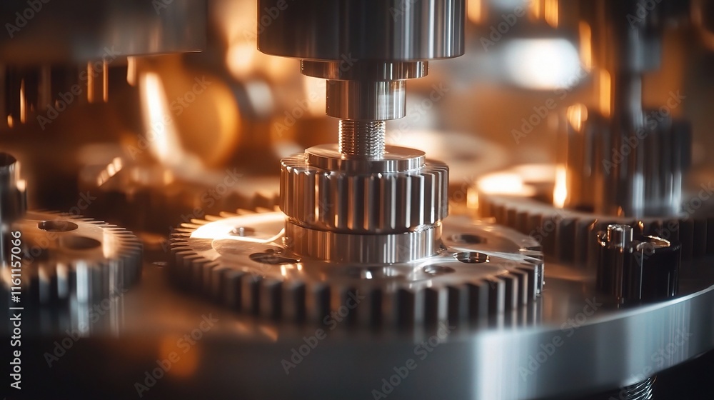 Poster close-up of gears and wheels in motion in a machine environment