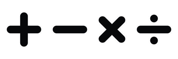 Obraz premium Basic mathematical symbol. Plus, minus, multiply, divide icon set. Plus and minus icon set. Math symbol. Plus icon, Minus icon, Multiply icon, Divide icon.