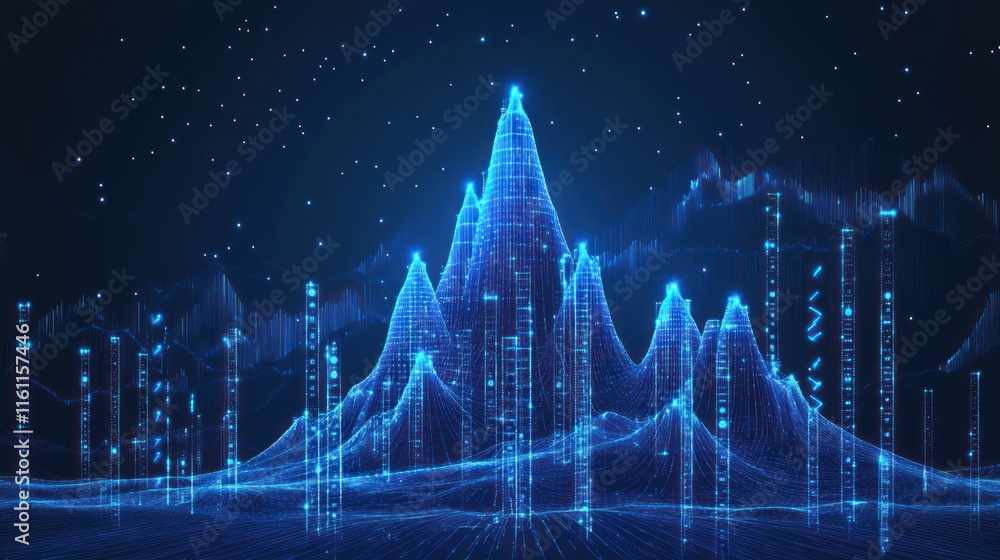 Poster digital mountainscape glowing blue network data visualization