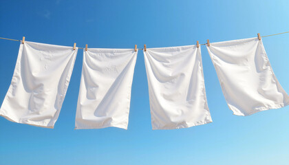 White linens drying against a clear blue sky  