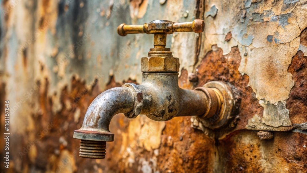 Poster a weathered, rusty faucet protrudes from a worn, peeling wall, a testament to the passage of time an
