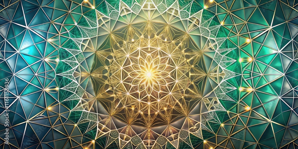 Poster A mesmerizing geometric pattern with intricate gold and green lines, creating a captivating abstract design.