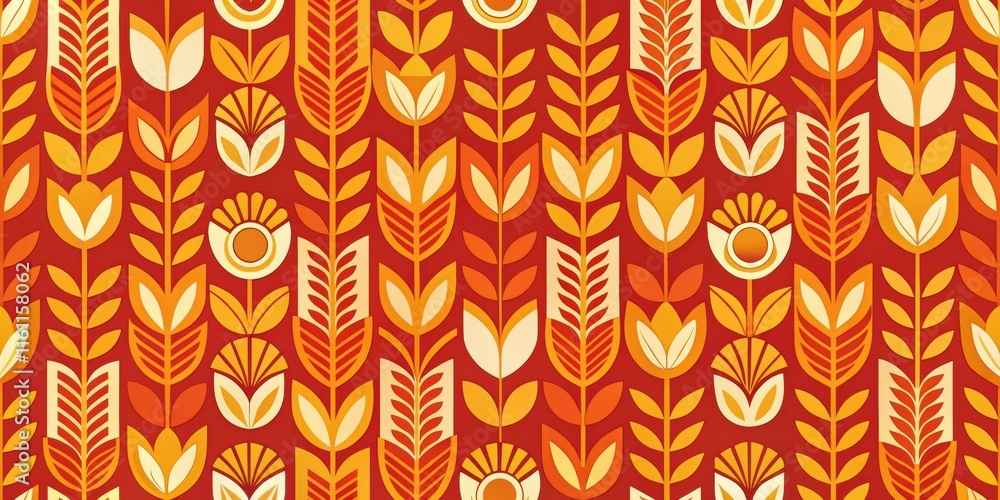 Poster abstract floral pattern in warm tones with geometric shapes and a retro aesthetic