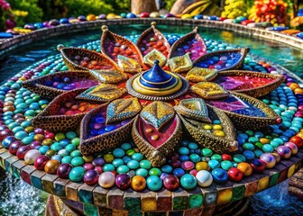 Naklejka premium Abstract art depicts a magic water feature, a colorful stone mosaic forming a surreal, vibrant gemstone fountain.