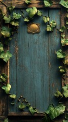 Enchanting Rustic Wooden Door with Ivy and Antique Brass Plaque