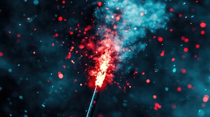 Red and blue sparkler burning with smoke and sparks against dark background.