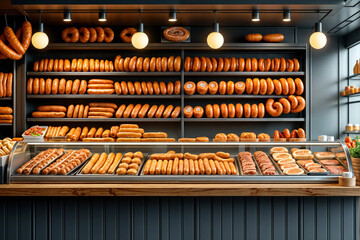Sausage shop. Assortment of sausages on store shelves