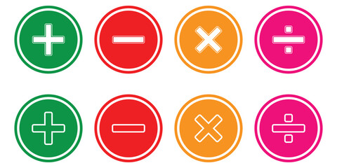 Plus minus multiply divide icon vector set isolated on white background.
