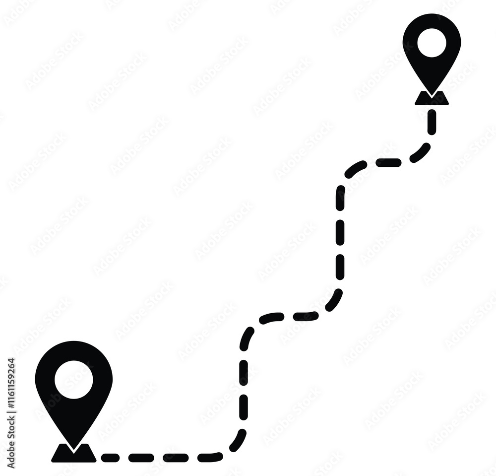 Poster route icon between two points with dotted path and location pin. location pointer. roadmap paths for