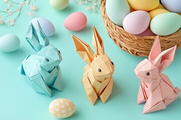 Artistic representation of 3 pink, orange and blue paper origami bunnies are standing next to a basket with colourful easter eggs. Pastel colours