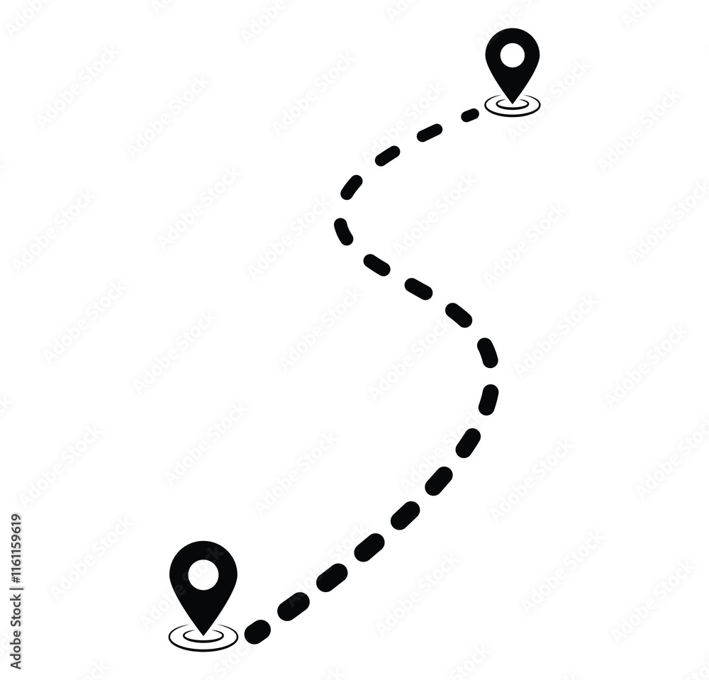 Poster route icon between two points. dot line path route travel banner illustration with location map pin 