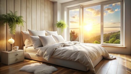 Bright, minimalist bedroom bathed in sunlight; serene white pillows enhance the landscape photography's impact.