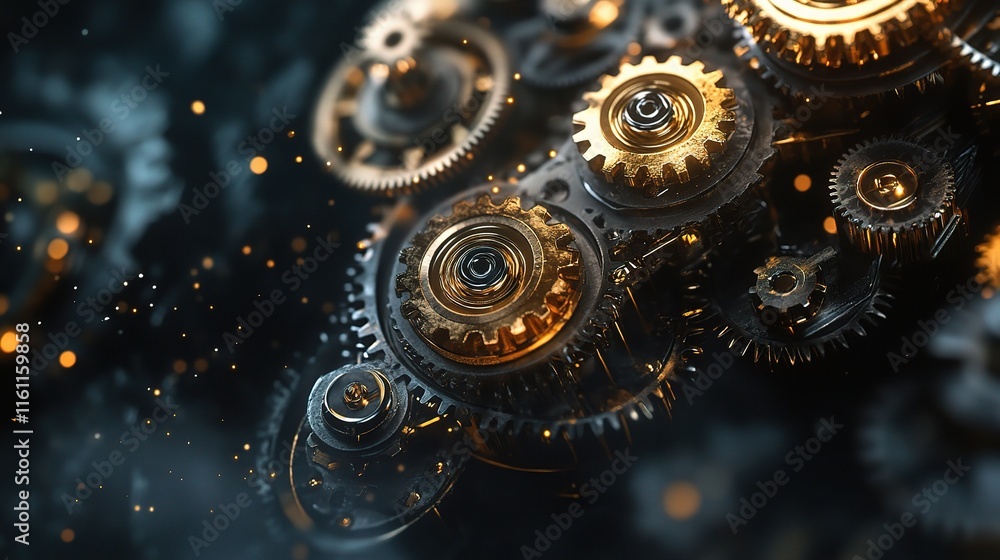 Aufkleber intricate mechanism of interlocking gears and cogs with golden accents