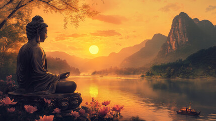 budha statue tranquil peaceful meditation beautiful scenery background