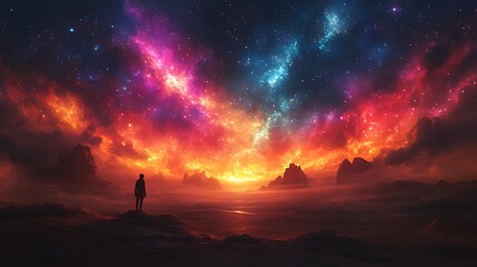 Solitary figure silhouetted against a vibrant, cosmic sunset over a mystical landscape.