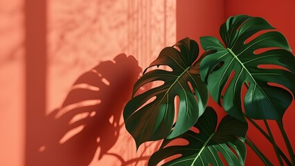 Obraz premium Dramatic High-Contrast Coral Lighting on Overlapping Monstera Leaves with Shadows