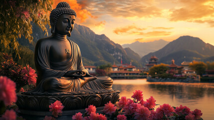 Fototapeta premium budha statue tranquil peaceful meditation beautiful scenery background