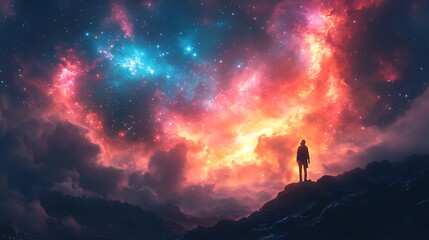 Person silhouetted against vibrant nebula and starry night sky.