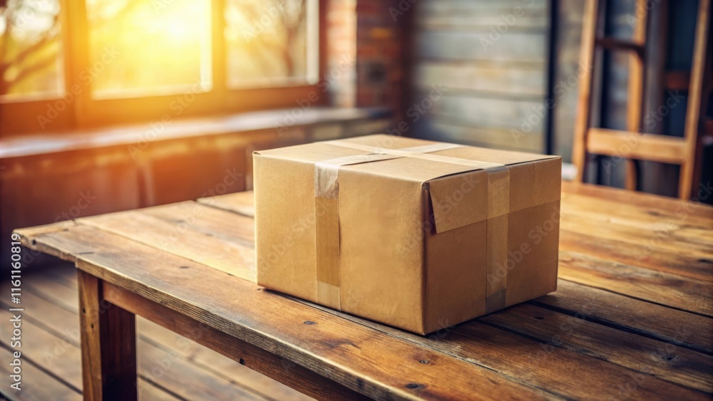 Aufkleber A Cardboard Box Wrapped in Tape Sits on a Wooden Table in a Room with a Window and a Ladder in the Background