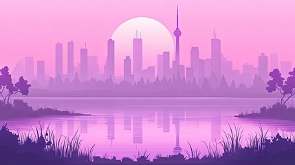 Fototapeta premium Serene city skyline reflected in calm lake at sunset.