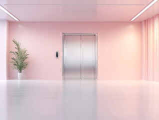 Minimalist Pink Hallway with Elevator